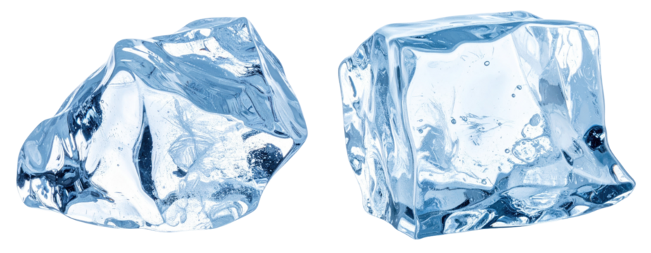 Two Pieces Of Glacier Ice Showing Blue And Transparent Texture Isolated On White Background