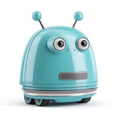 Cute teal colored retro robot toy with big eyes and antennas isolated on white background