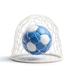 A blue and white soccer ball rests inside a small white net on a white background isolated on white background