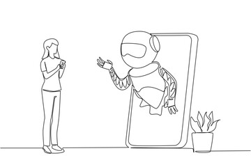 Single one line drawing woman stands holds smartphone and robot comes out of big smartphone. Talking with technology. International Virtual Assistants Day. Continuous line design graphic illustration