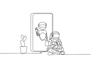 Single one line drawing astronaut sits cross legged holds smartphone and big smartphone with robot. Waiting with ease. International Virtual Assistants Day. Continuous line design graphic illustration