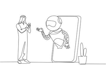 Single continuous line drawing Arab man stands holds smartphone and robot comes out of large smartphone. Help from technology. International Virtual Assistants Day. One line design vector illustration