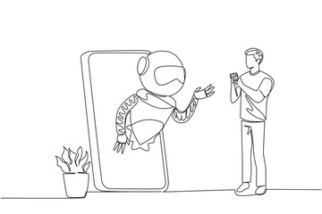 Continuous one line drawing man stands holds a smartphone and robot comes out of big smartphone. Chat with chatbot. International Virtual Assistants Day. Single line draw design vector illustration