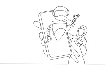 Single one line drawing Arab woman holds smartphone with robot coming out of screen. Explore the latest smartphones. International Virtual Assistants Day. Continuous line design graphic illustration