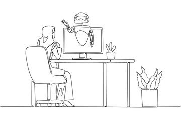Single continuous line drawing Arab woman sits facing monitor that comes out of robot on work desk. Ask AI about work. Help. International Virtual Assistants Day. One line design vector illustration
