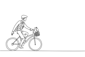 Single continuous line drawing businessman with helmet riding bicycle carrying a briefcase in basket. Keep safety first. Cycling wisely. National Bike to Work Day. One line design vector illustration