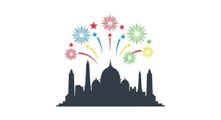 Illustrative cityscape silhouette under a burst of vibrant fireworks, symbolizing celebration and