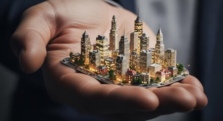 Illuminated Miniature Cityscape Model Held in Hand, Symbolizing Urban Development and Growth