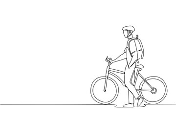 Single continuous line drawing businessman with bicycle helmet, carrying backpack and pushing his bicycle. Take a walk, take a break. National Bike to Work Day. One line design vector illustration