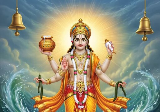 Lord Dhanvantari emerging with a pot of nectar, surrounded by glowing divine light.
