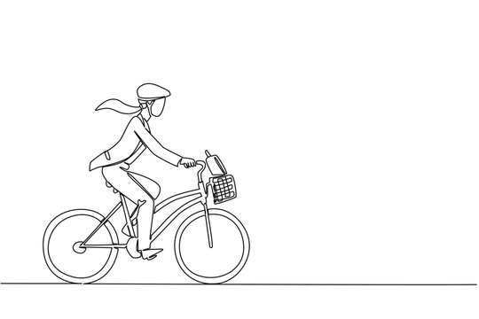 Continuous one line drawing businesswoman with helmet riding a bicycle carrying a briefcase in a basket. Safe mode cycling. National Bike to Work Day. Single line draw design vector illustration
