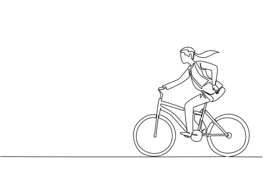 Single one line drawing businesswoman in blazer riding a bicycle while carrying a briefcase. High speed mode. Lifestyle. Biker. National Bike to Work Day. Continuous line design graphic illustration