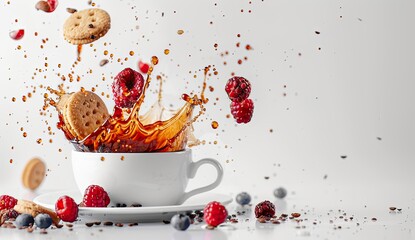 Coffee spills on desk with cookies and berries during breakfast for use in ads