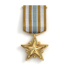 A detailed golden star medal with a striped ribbon isolated on white background