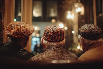 Three elderly men wear colorful tubeteikas indoors. Illustrates friendship, cultural traditions, and aging positively.