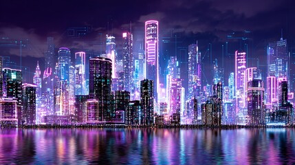 Obraz premium A vibrant nighttime cityscape illuminated by neon lights reflecting beautifully on the water surface, showcasing modern architecture and a lively urban atmosphere.