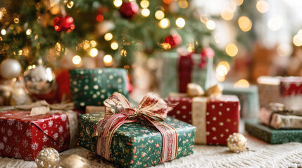 Cozy close-up of a pile of beautifully wrapped Christmas presents in traditional red and green papers under a brightly lit and decorated Christmas tree. Background features warm, golden bokeh lights