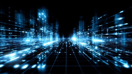 Obraz premium An abstract depiction of a futuristic digital landscape, featuring vibrant blue lights and grid patterns that suggest advanced technology and innovation in a virtual environment.