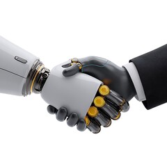 Close up of a robotic hand and a human hand in a suit shaking hands isolated on white background