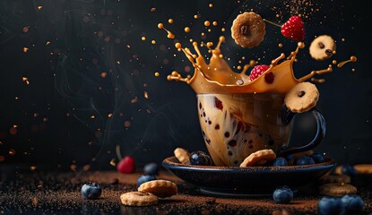 Coffee splashes with falling berries, cookies in a cozy dark setting, breakfast