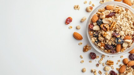 Healthy granola with nuts and dried fruits in a glass bowl on white background.