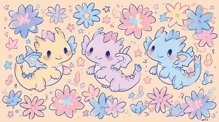 Three cute pastel dragons with soft wings and horns sit among scattered flowers and stars