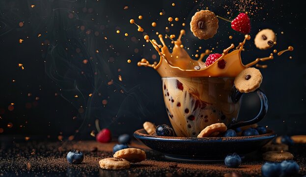Coffee splashes with falling berries, cookies in a cozy dark setting, breakfast