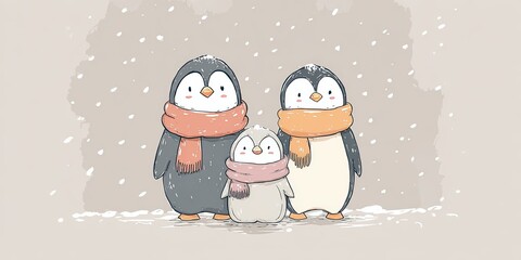 A cute cartoon penguin family two adults and a baby wearing scarves in falling snow