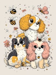 Three cute cartoon puppies with fluffy ears surrounded by bees butterflies and flowers