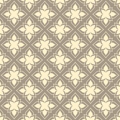 Seamless floral pattern with lotus-inspired ornamental shapes in soft brown and beige tones. Elegant decorative background for fabric, wallpaper, and stationery design.
