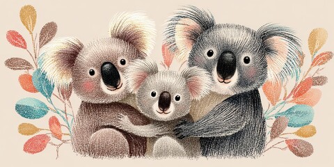 Three koalas two adults and a baby embracing Detailed stippling art with colorful leaves