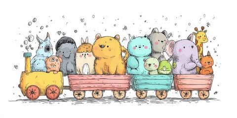 Cute colorful cartoon animals riding a charming toy train on a white background