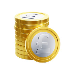 The pound sterling coins. Composition featuring ten metallic coins with the pound sterling symbol on them, all set against a transparent background. 3D rendered graphics.