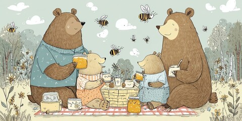 Whimsical cartoon bear family picnic with sweet honey jars and many buzzing bees