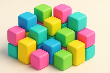 Vibrant geometric cubes with rounded corners arranged in an abstract composition