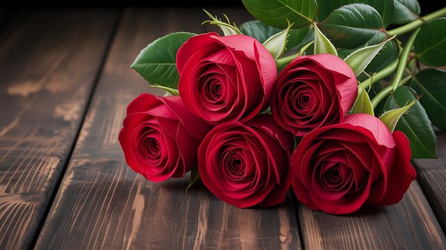 Red roses bouquet on rustic vintage wooden table with textured background symbolizing romance, love and passion