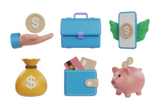 Set of 3D finance icons business and banking elements for app design isolated