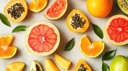 A vibrant assortment of fresh citrus fruits, including grapefruit, orange, and papaya, displayed artistically with green leaves against a light background.
