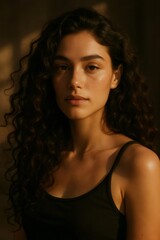 Young woman with natural curly hair receiving warm sunlight on her face, embracing natural beauty and peace