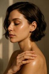Woman with closed eyes and short hair, touching her shoulder, highlighting healthy, radiant skin and natural beauty