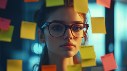 Focused young woman brainstorming, looking through sticky notes on glass.
