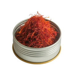 Fototapeta premium A pile of dried saffron threads in a metal container isolated on transparent background