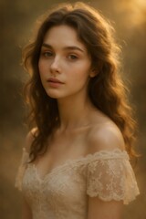 Young woman with natural wavy hair in a romantic lace dress, looking at viewer with soft, warm golden light