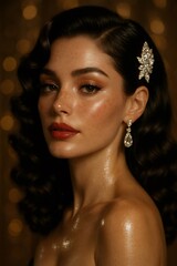Woman wearing glittering jewelry and vintage makeup with wavy hair, looking at camera for glamour portrait