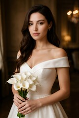 Beautiful bride in elegant wedding dress holding white calla lilies bouquet and looking at camera