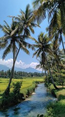 Obraz premium Palm trees frame a bright stream flowing through a verdant rice field, mountains in the distance