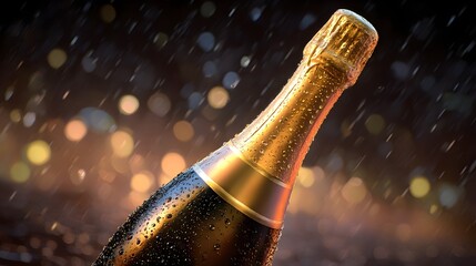 Sparkling champagne bottle under rain with gentle bokeh effect in the background