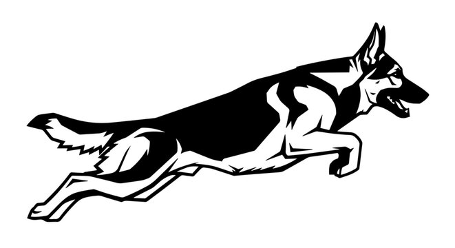 A dynamic two-tone graphic captures a powerful German Shepherd in mid-leap, showcasing its focused intensity and athletic form.