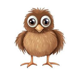Naklejka premium Adorable cartoon bird isolated on transparent background, featuring big, expressive eyes and fluffy brown feathers, creating a charming and whimsical character design