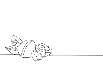 Continuous one line drawing whole walnut, half opened, just the kernel, leaves. Ideal weight maintaining snack for those who consume. National Walnut Day. Single line draw design vector illustration